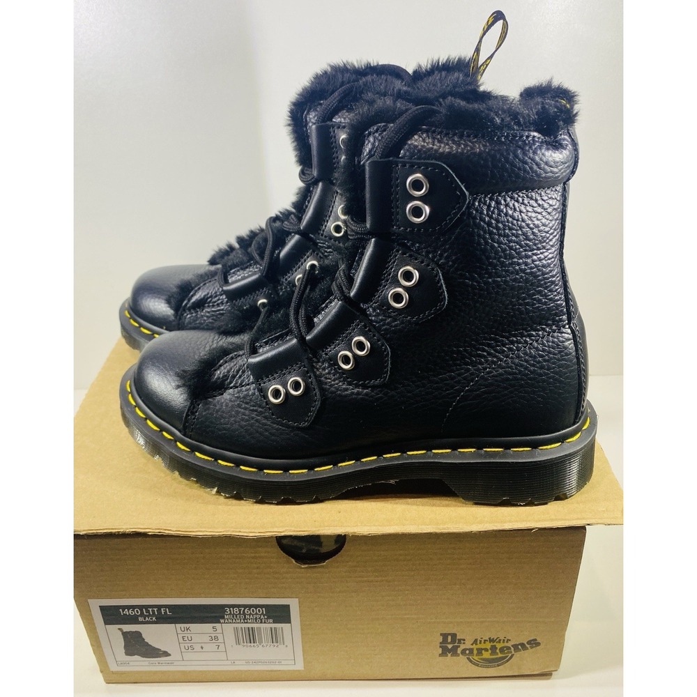 Dr Martens 1460 LTT FL Black Milled Nappa Faux Fur Lined Boots US Women 7 NEW